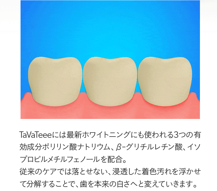 TaVaTeeeには最新ホワイトニングにも使われる3つの有効成分ポリリン酸ナトリウム、β-グリチルレチン酸、イソプロピルメチルフェノールを配合。従来のケアでは落とせない、浸透した着色汚れを浮かせて分解することで、歯を本来の白さへと変えていきます。