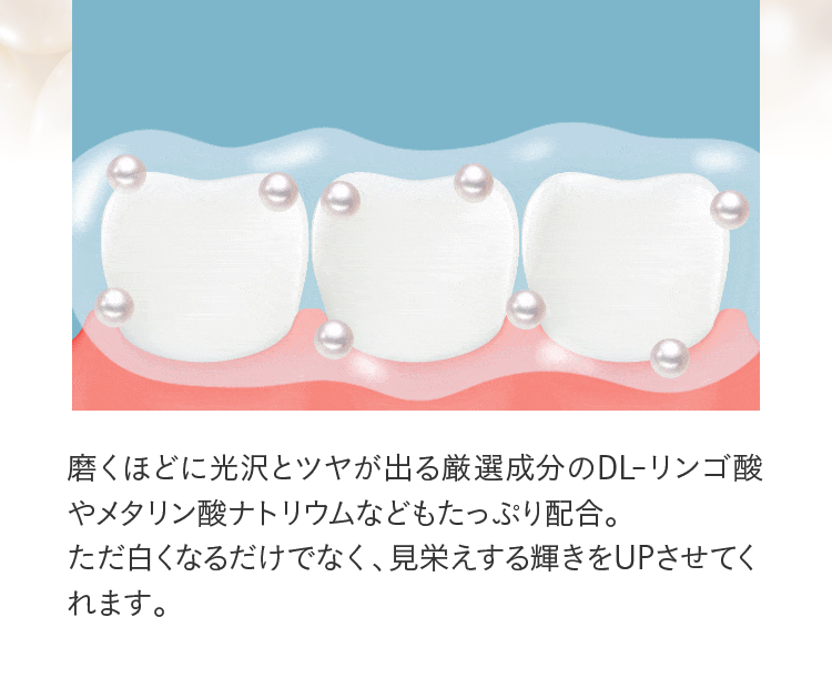 磨くほどに光沢とツヤが出る厳選成分のDL-リンゴ酸やメタリン酸ナトリウムなどもたっぷり配合。ただ白くなるだけでなく、見栄えする輝きをUPさせてくれます。